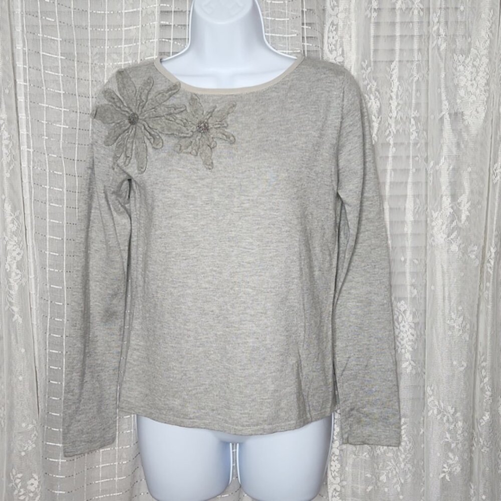 Heather Grey Fashion Sweatshirt W/ Floral Applique SzS